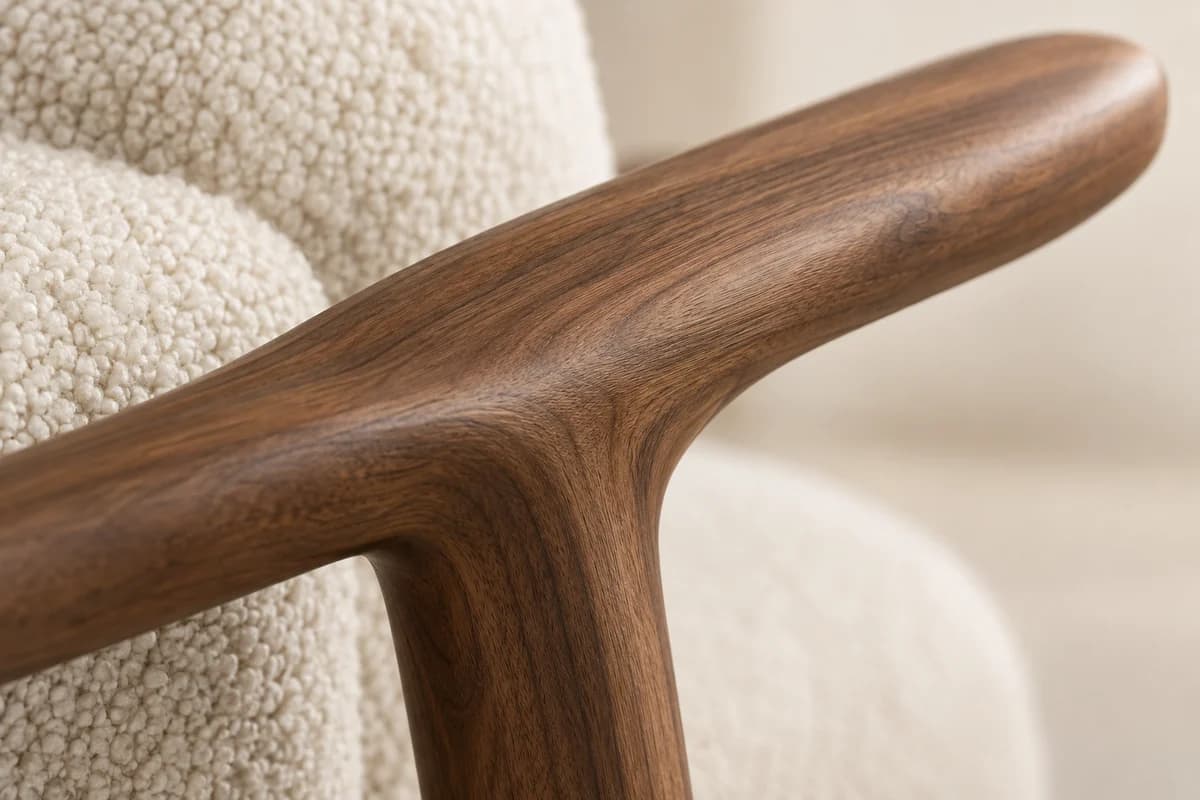 A close study of softly curved walnut grain and ivory bouclé, generated for the FORME concept