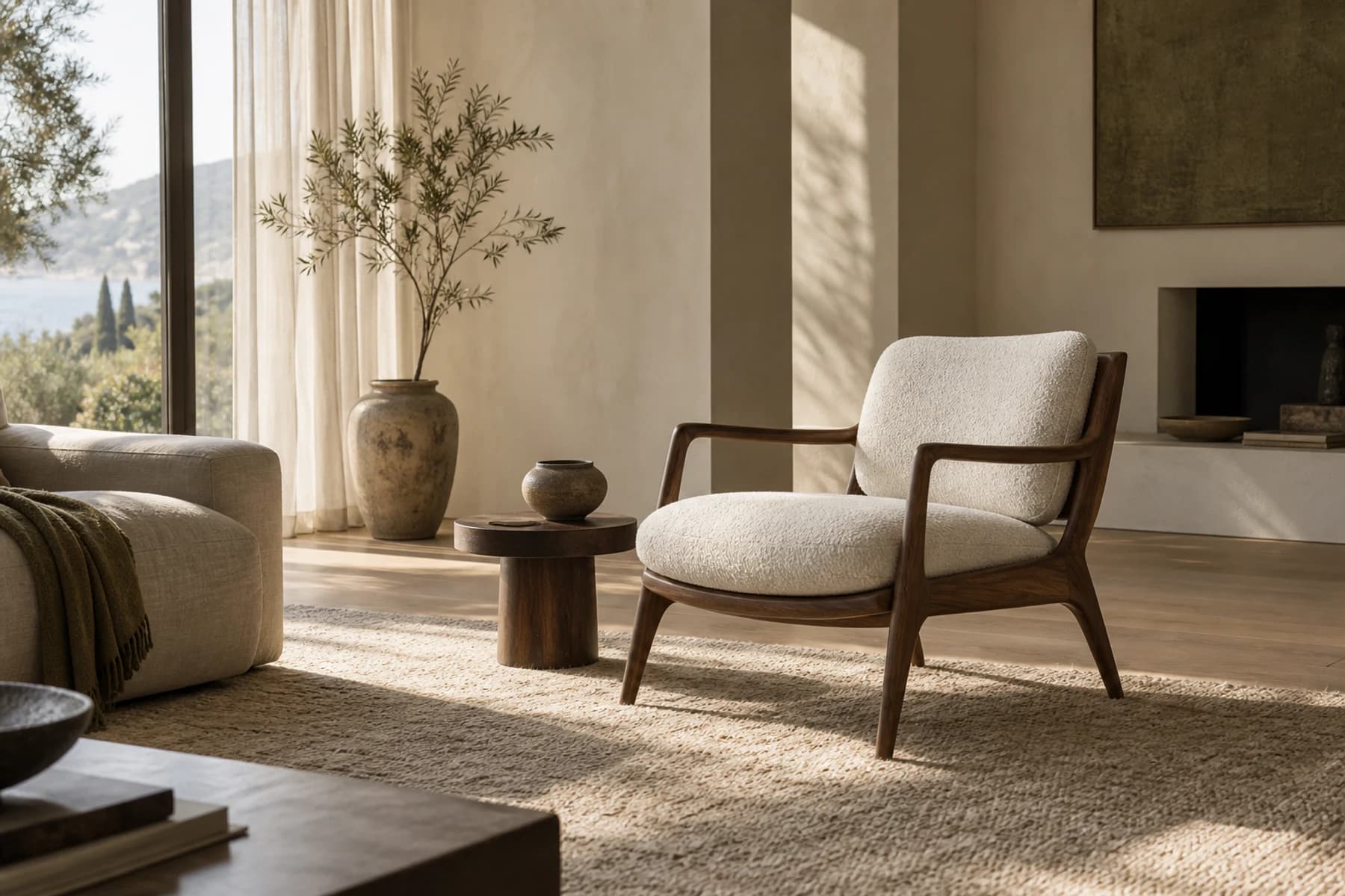 A sunlit concept living room with a walnut lounge chair, ivory upholstery and warm natural materials